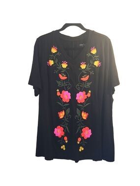 Embroidered Rose Black TShirt Short Sleeve 1X Soft Modal VNeck Tunic